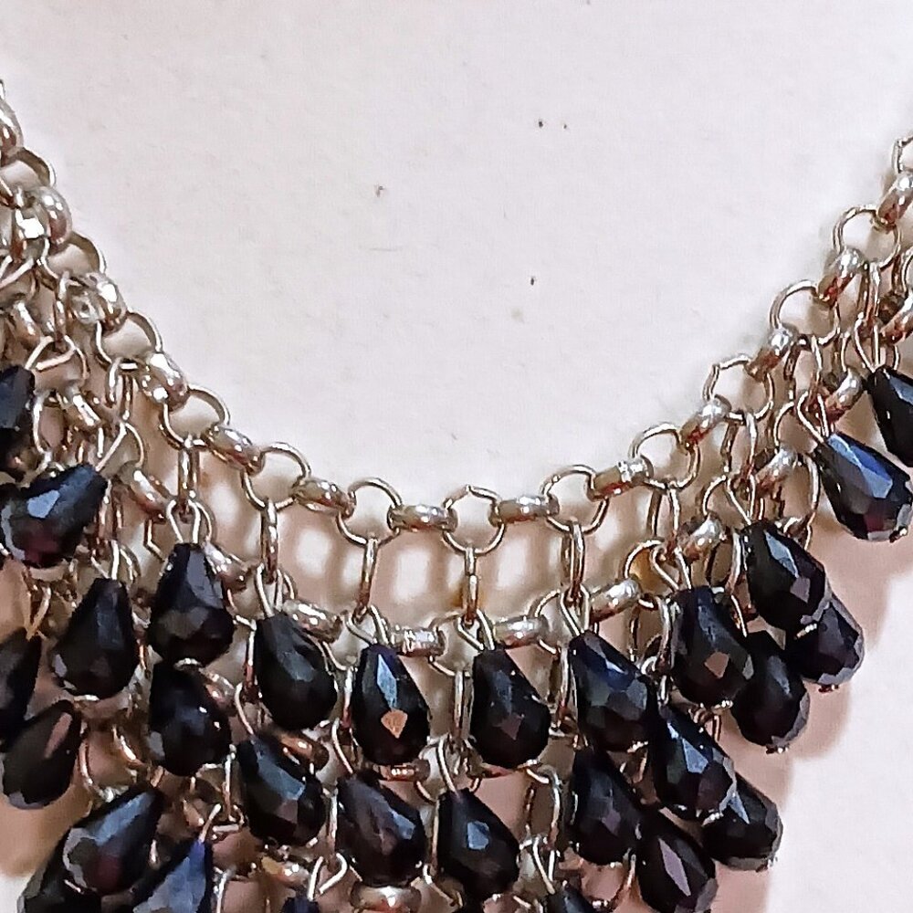 Handmade Silver Tone Black Onyx Waterfall Chainmail Bib Statement Necklace - Picture 4 of 11